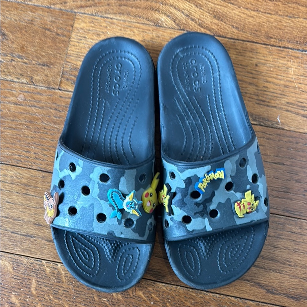 CROCS Kids Camouflage Black Slide Sandals with Pokémon Charms